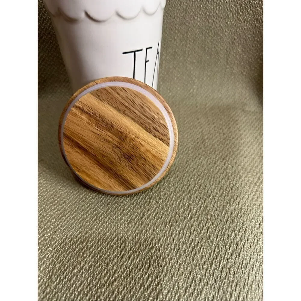 Rae Dunn TEA Cellar Canister Storage Ivory Brown Wood Lid Farmhouse 7” X 4”